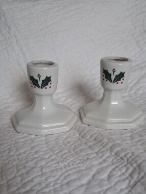 Lenox White Holly Berry Pattern Ceramic Taper Candlestick Holders - Set of 2